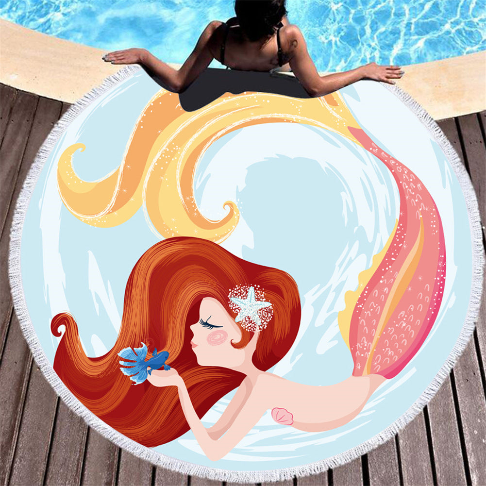 Cartoon pink mermaid microfiber round beach towel