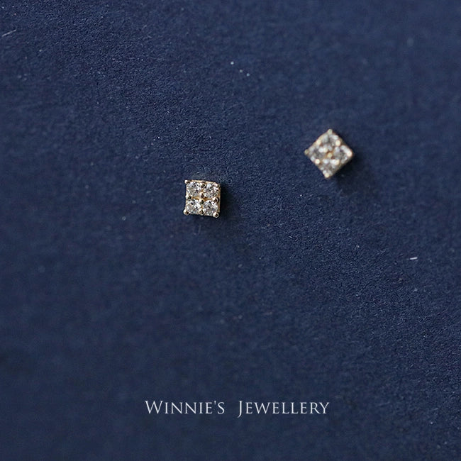 Simple Sterling Silver Plated Gold Inlaid Carbink Mini Square Stud Earrings All-matching Twin