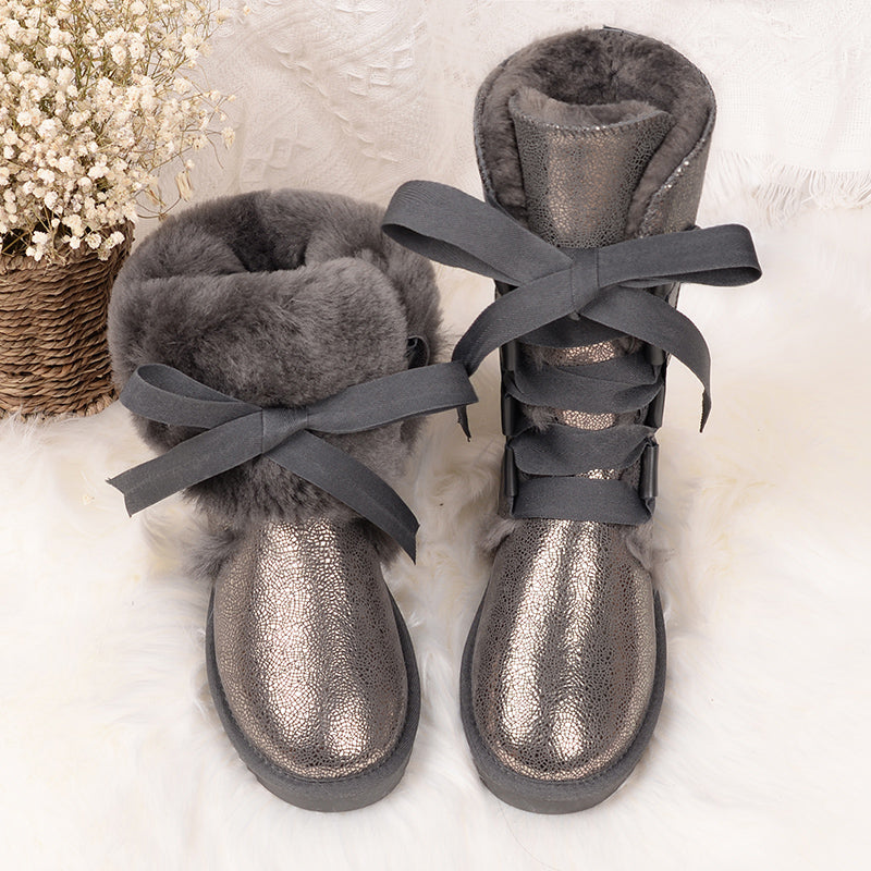 Leather high tube fur snow boots