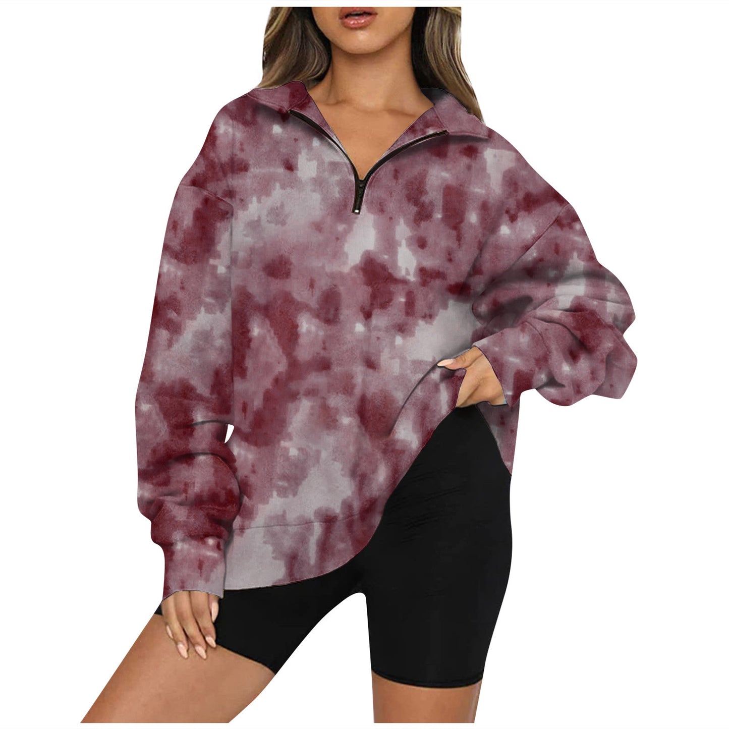 Tie-Dye Tempest: Zippered Lapels Sweatshirt - Women's Long Sleeve Loose Top