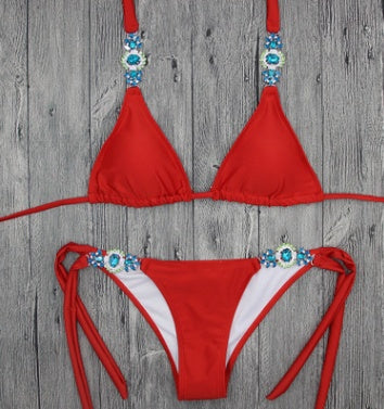 Sexy Solid Color Diamond Bikini Bandage Split Swimsuit