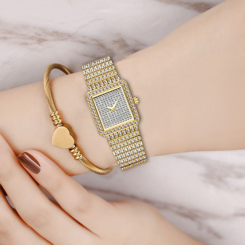 MISSFOX  2689 Diamond Watch For Women Luxury Brand Ladies Gold Square Watch Minimalist Analog Quartz Movt Unique Female Iced Out Watch