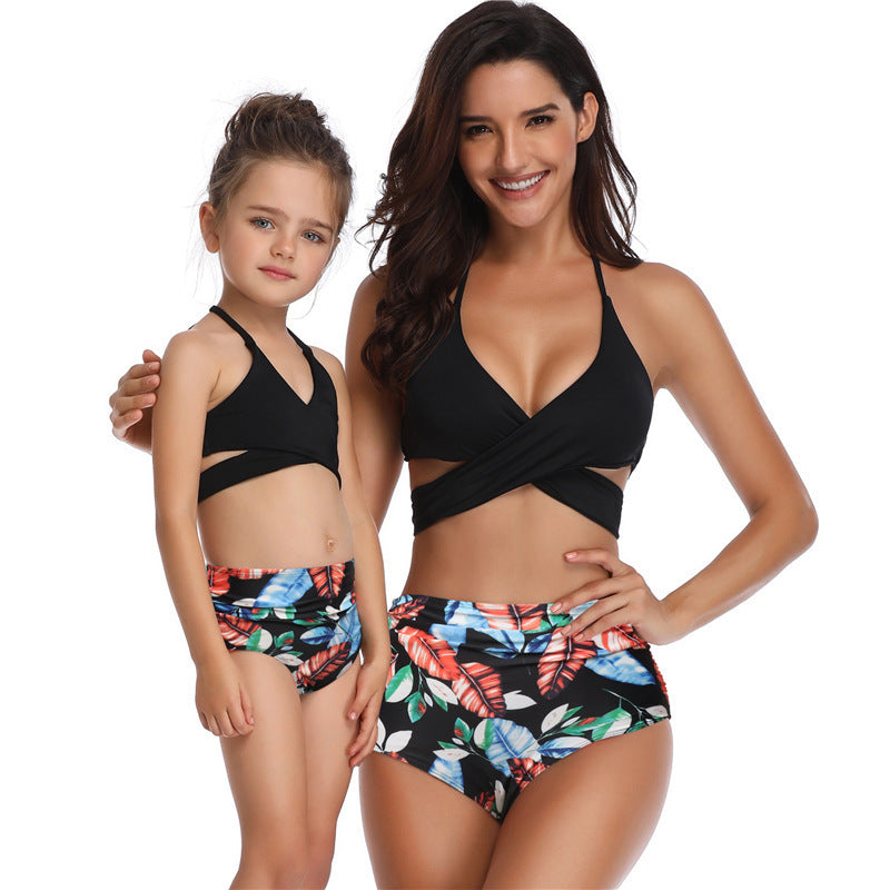 Parent-child Swimsuit Printed High Waist Bikini Ruffled Mother And Daughter Swimwear