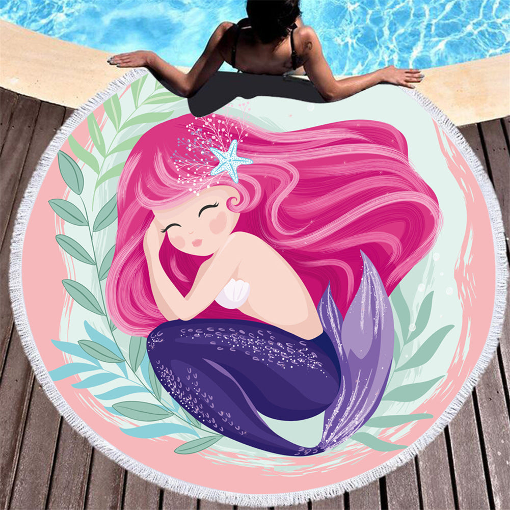 Cartoon pink mermaid microfiber round beach towel