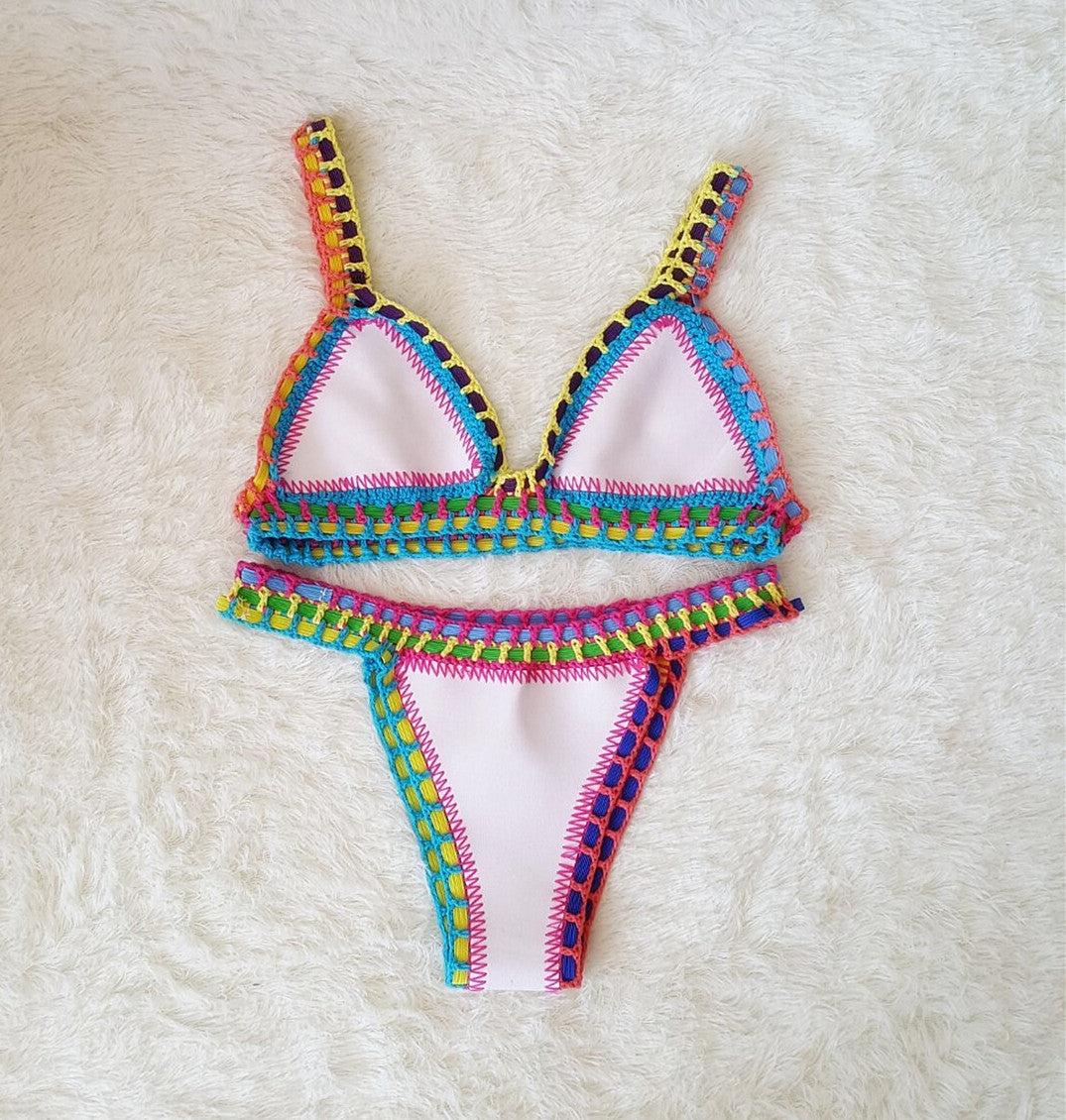 Europe And The United States Sexy Hand Crochet Colorful Bikini Set, Spell Color Rubber, Ladies Knitted Swimwear Wholesale