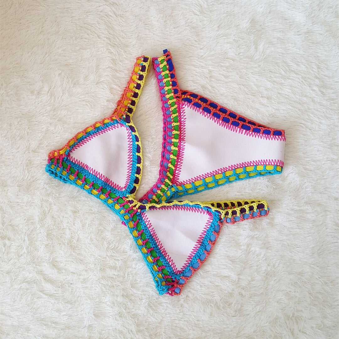 Europe And The United States Sexy Hand Crochet Colorful Bikini Set, Spell Color Rubber, Ladies Knitted Swimwear Wholesale