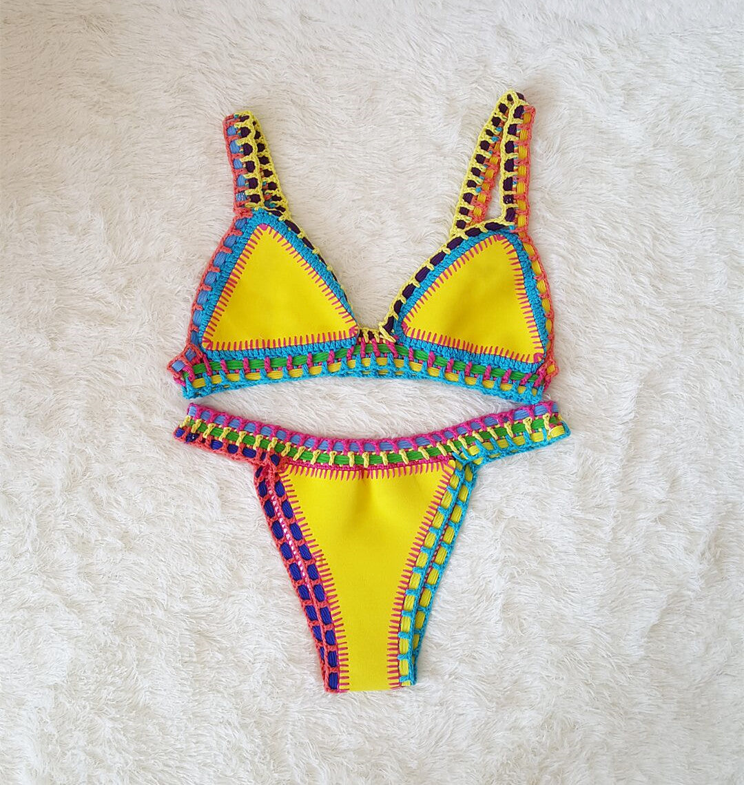 Europe And The United States Sexy Hand Crochet Colorful Bikini Set, Spell Color Rubber, Ladies Knitted Swimwear Wholesale