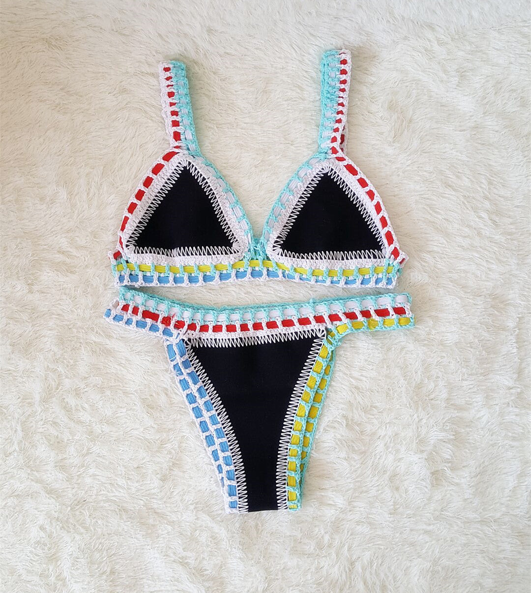 Europe And The United States Sexy Hand Crochet Colorful Bikini Set, Spell Color Rubber, Ladies Knitted Swimwear Wholesale