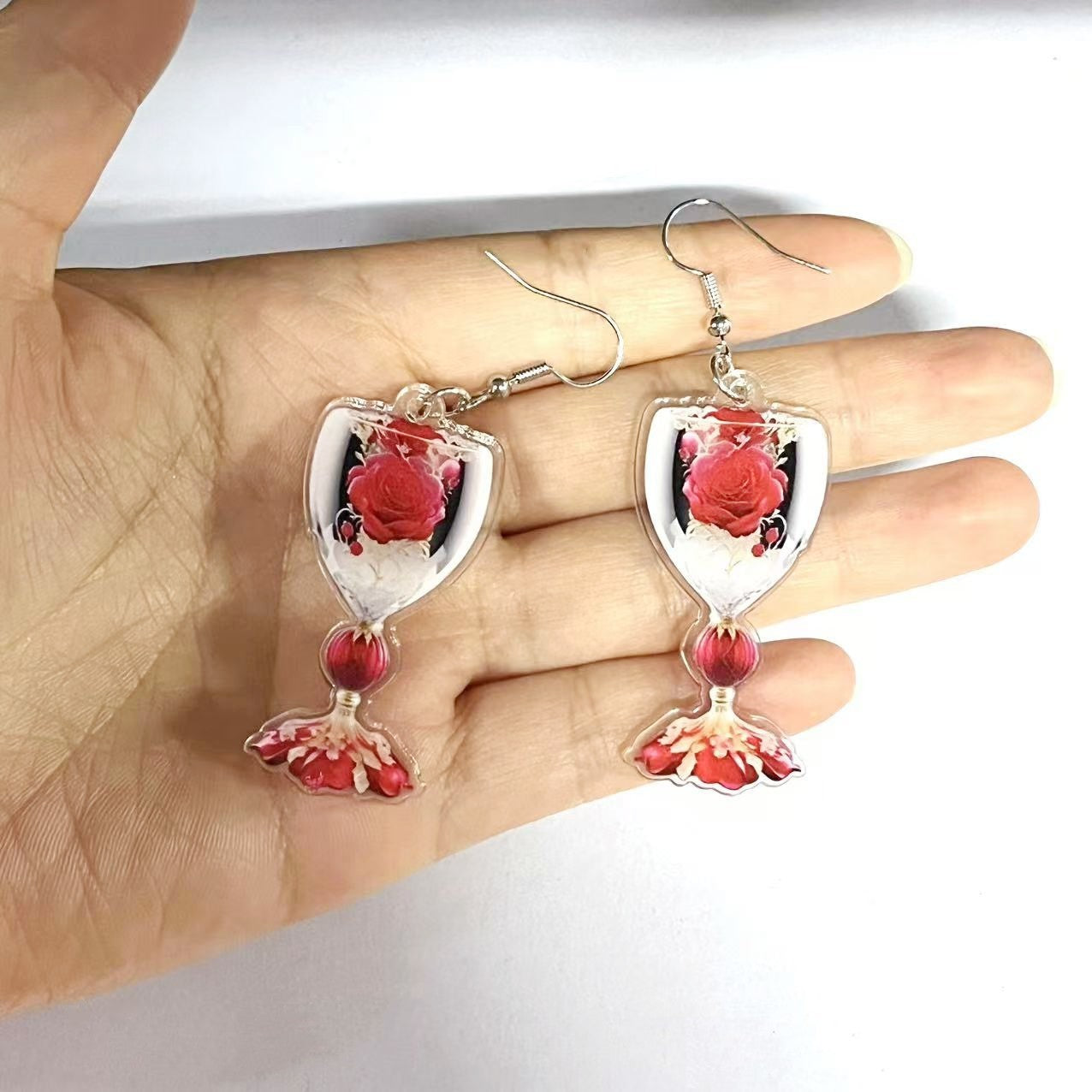 Valentine's Day Rose Wine Glass Acrylic Earrings