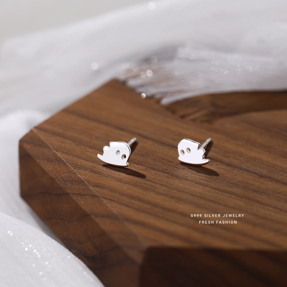 S999 Pure Silver Ghost Stud Earrings Female Niche Cartoon