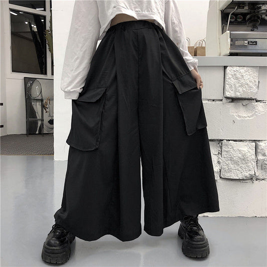 Black Japanese Wide-Leg Pants with Large Swing, Split Draping, Cropped Design, and Large Pockets