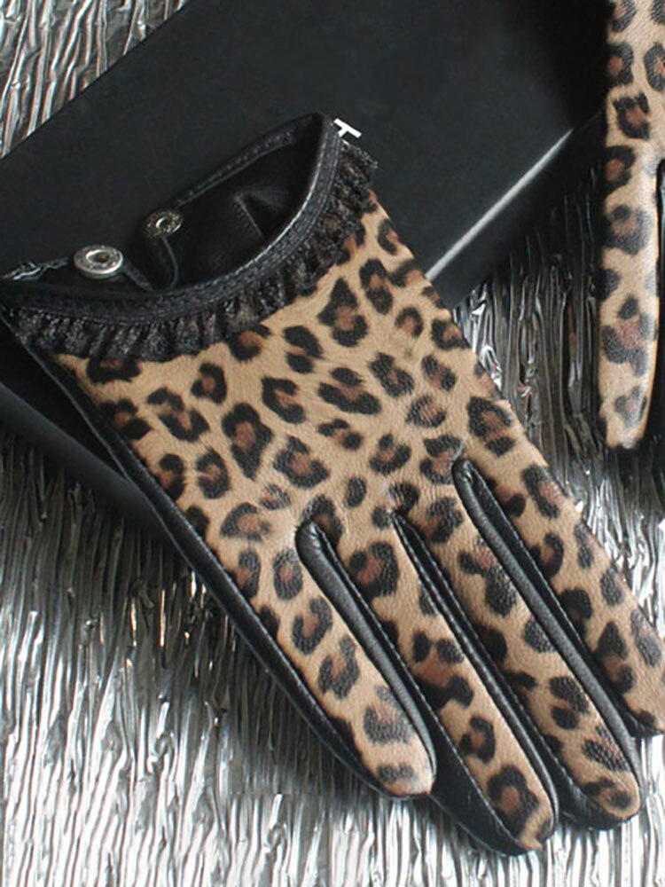 Mode Damen Kurze Lederhandschuhe Spitzenrand Leopard Schaffell Handschuhe Kleidung Zubehör Herbst Neu 