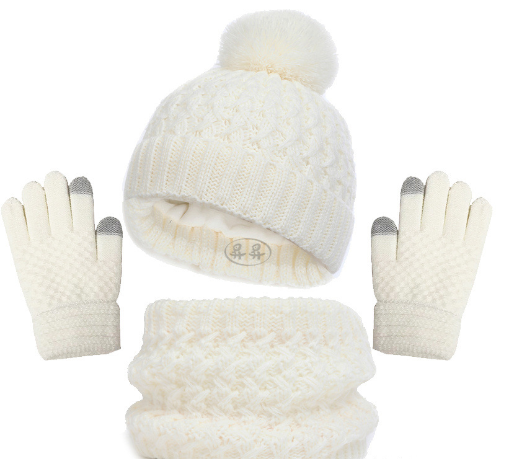 Children's hat, scarf, glove, three piece set, autumn and winter plush and thickened single ball baby hat