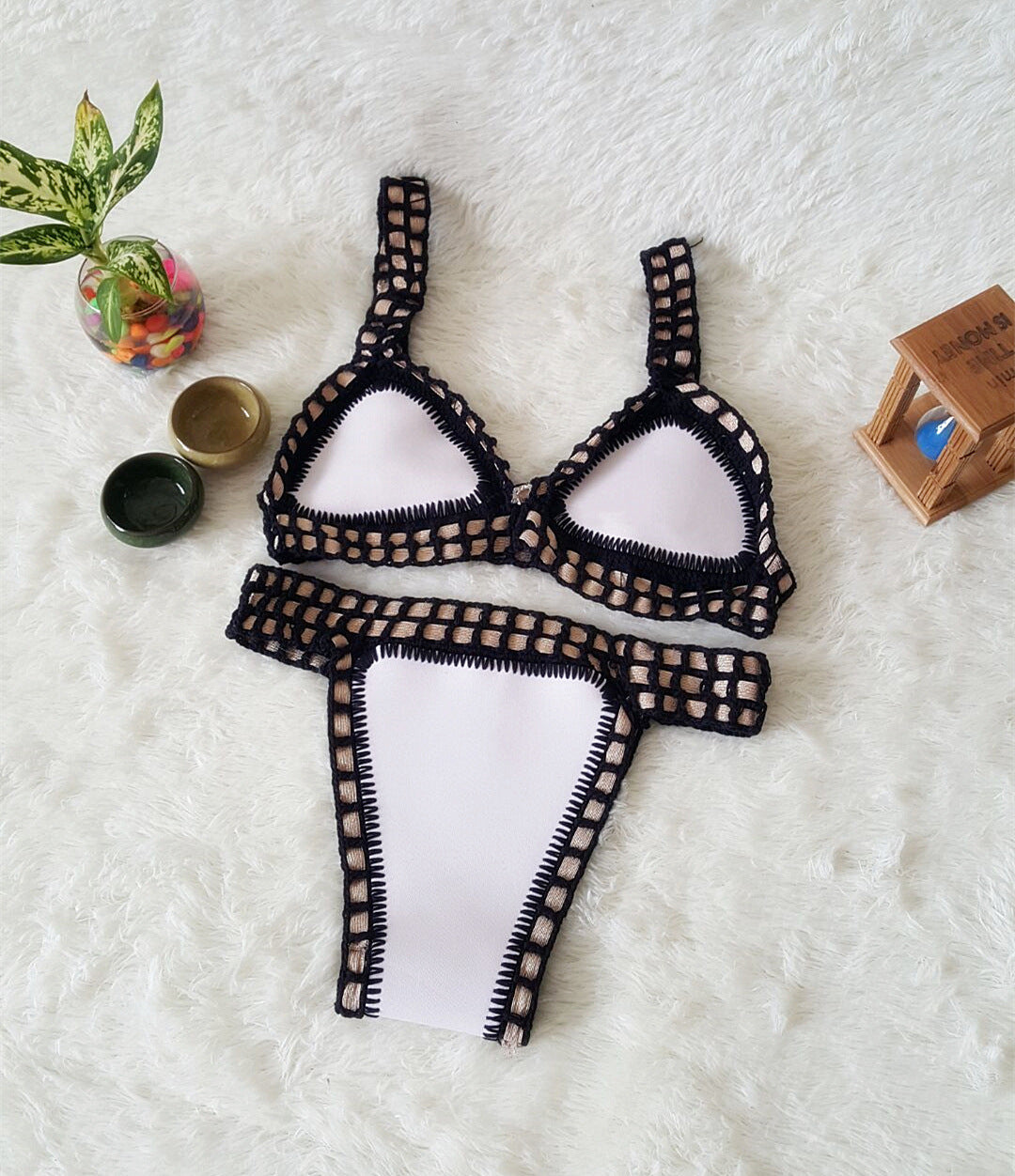 Europe And The United States Sexy Hand Crochet Colorful Bikini Set, Spell Color Rubber, Ladies Knitted Swimwear Wholesale