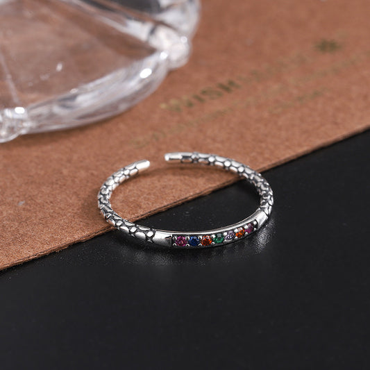 S925 Silver Vintage Thai Silver Ring Female Color Diamond Small Design