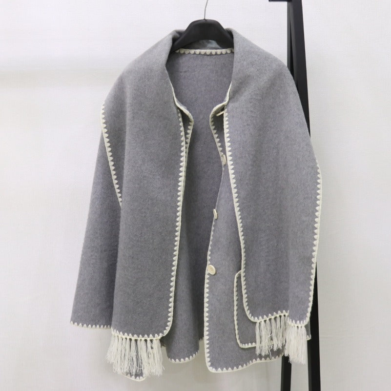 Embroidered Tassel Woven Scarf Knitted Loose Woolen Coat Women