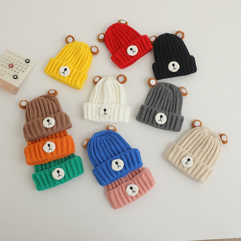 Autumn and winter children warm knitted hat cute bear candy color woolen hat Korean male and female baby warm hat trend