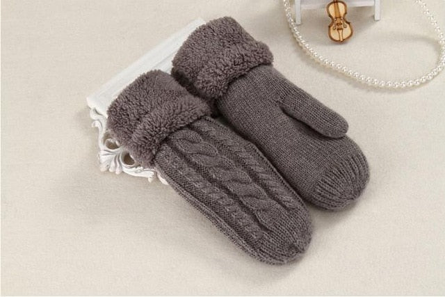 Frauen Mode Stricken Twist Blumen Fäustlinge Winter Weibliche Wolle Plus Kaschmir Samt Verdickung Warme Vollfinger Handschuhe Guantes L46