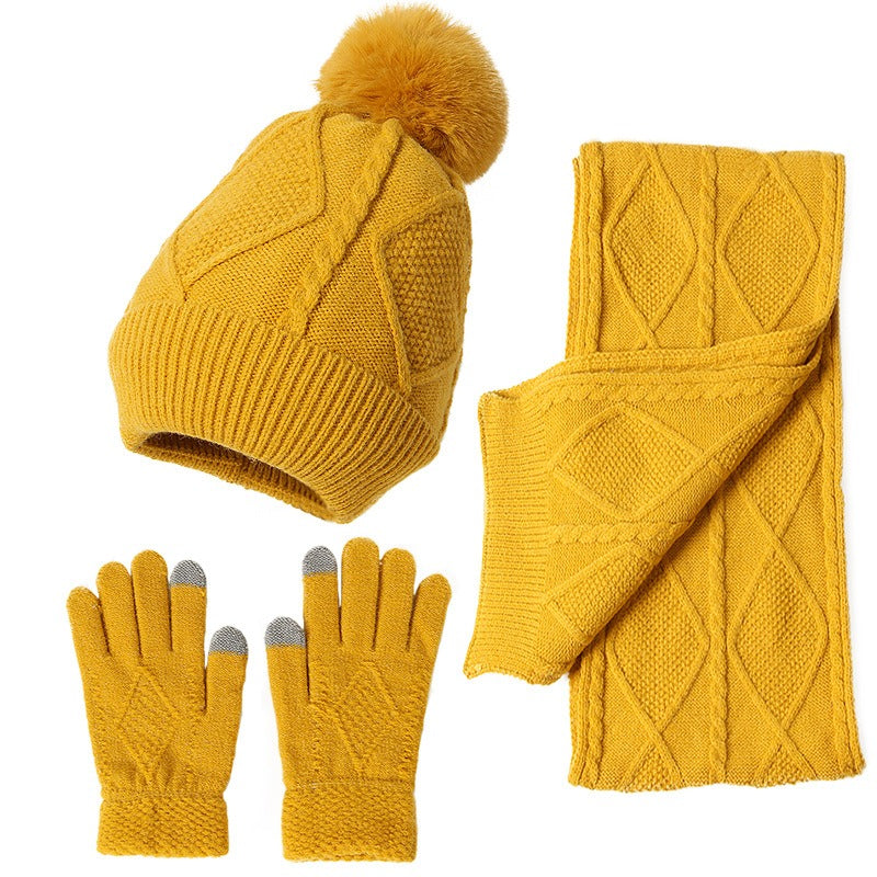 Adult Hat, Scarf, Glove, Three Piece Set, Autumn and Winter New Warm and Thickened Woolen Hat