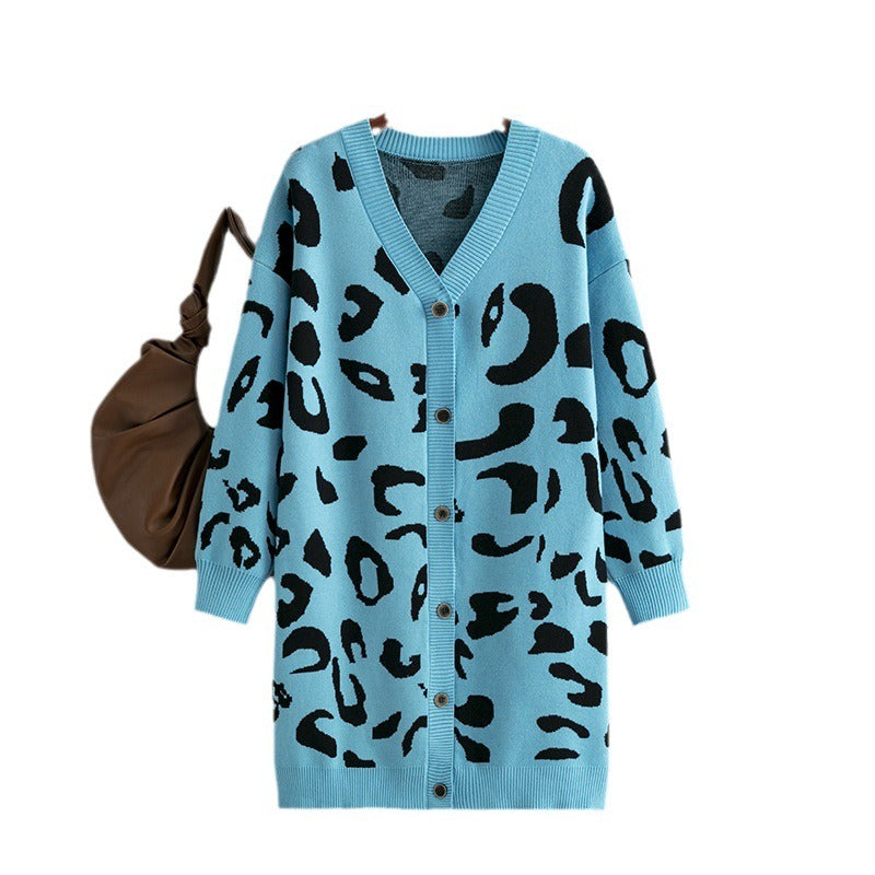 LeopardEase: Autumn leopard knitted women cardigan with long sleeves, V-neck, buttons, and a loose sweater coat for a trendy and comfortable look.