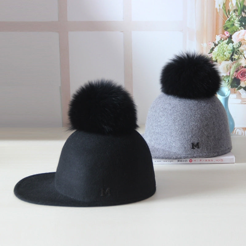 Big Fox Fur Ball Hat Female Winter Rider Hat Woolen Equestrian Cap Duck Tongue Baseball