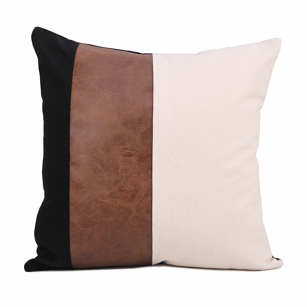 Fashion PU Leather Black Canvas Stitching Pillow Cover