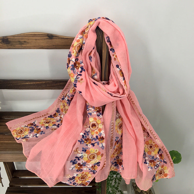 Embroidered Cotton And Linen Scarf Shawl