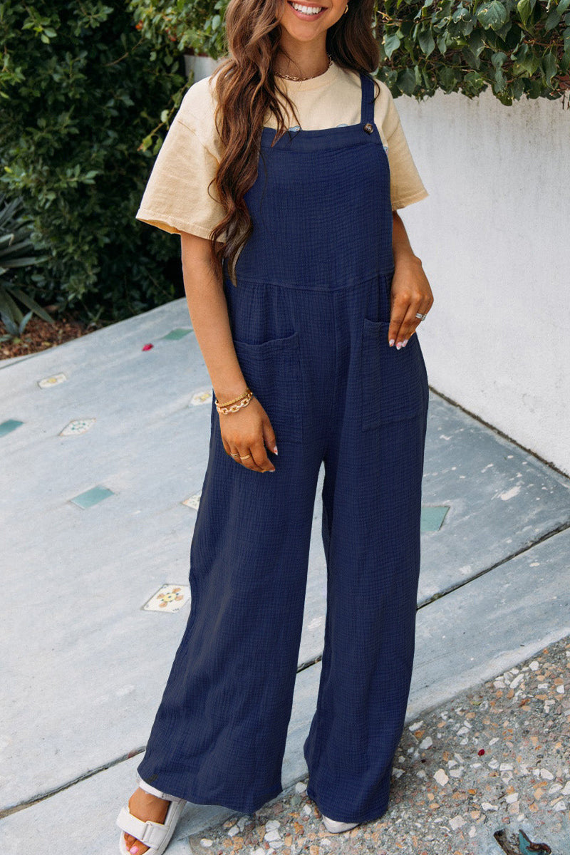 Modischer Jumpsuit mit quadratischem Ausschnitt und Taschen, Frühling, Sommer, lässig, einfarbig, lockerer Overall, Damenbekleidung