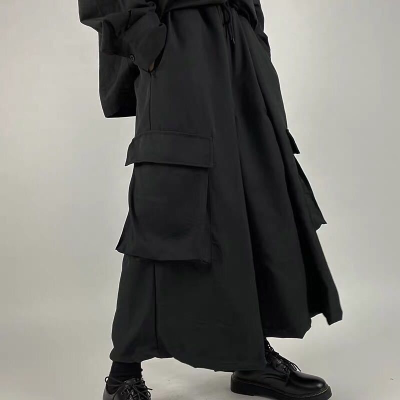 Black Japanese Wide-Leg Pants with Large Swing, Split Draping, Cropped Design, and Large Pockets