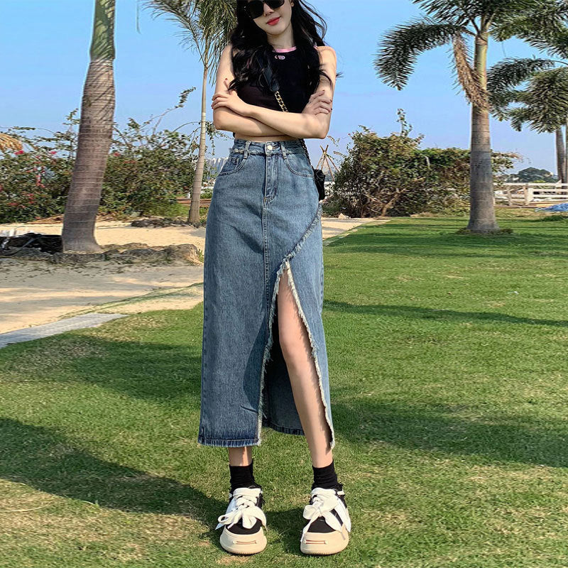 Irregular Slit Denim Skirt Female Ins Style Hot Girl Raw Edges Design