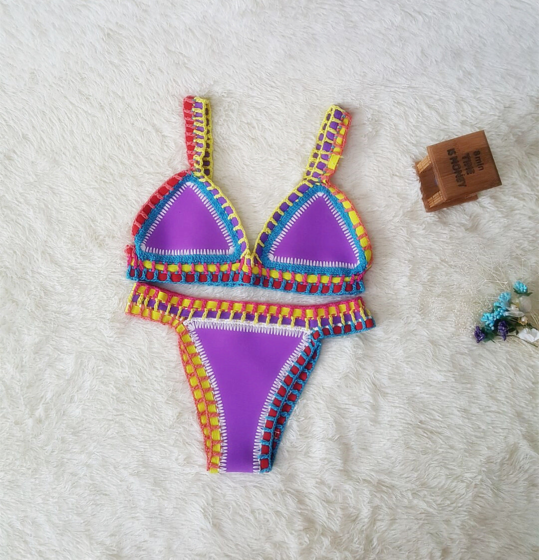 Europe And The United States Sexy Hand Crochet Colorful Bikini Set, Spell Color Rubber, Ladies Knitted Swimwear Wholesale