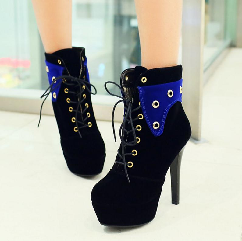 Round head waterproof platform stiletto super high heel lace ladies ankle boots