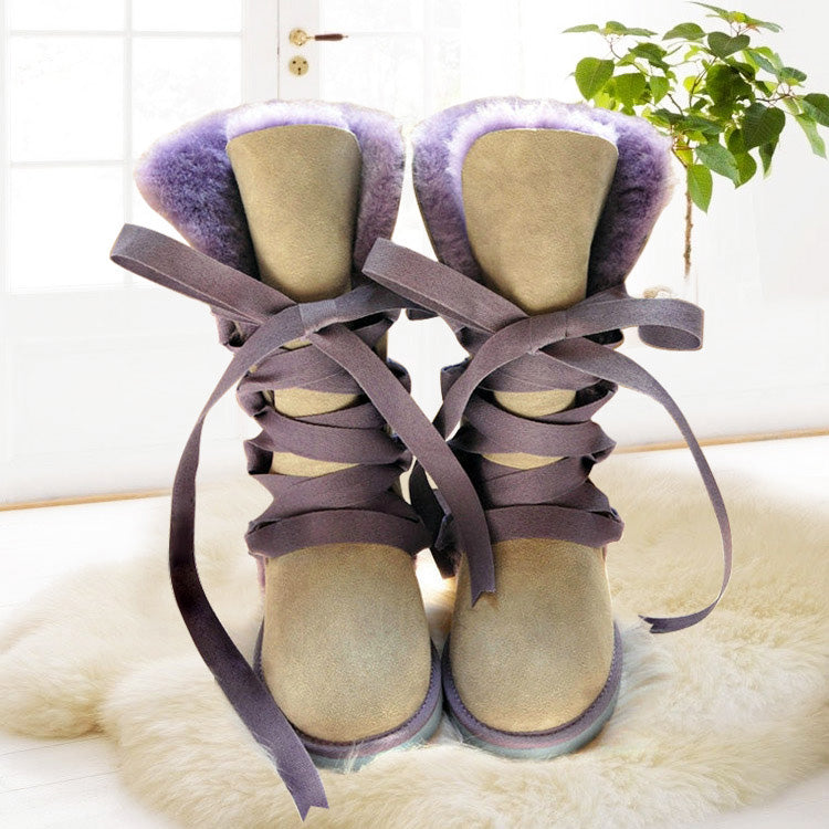 Leather high tube fur snow boots