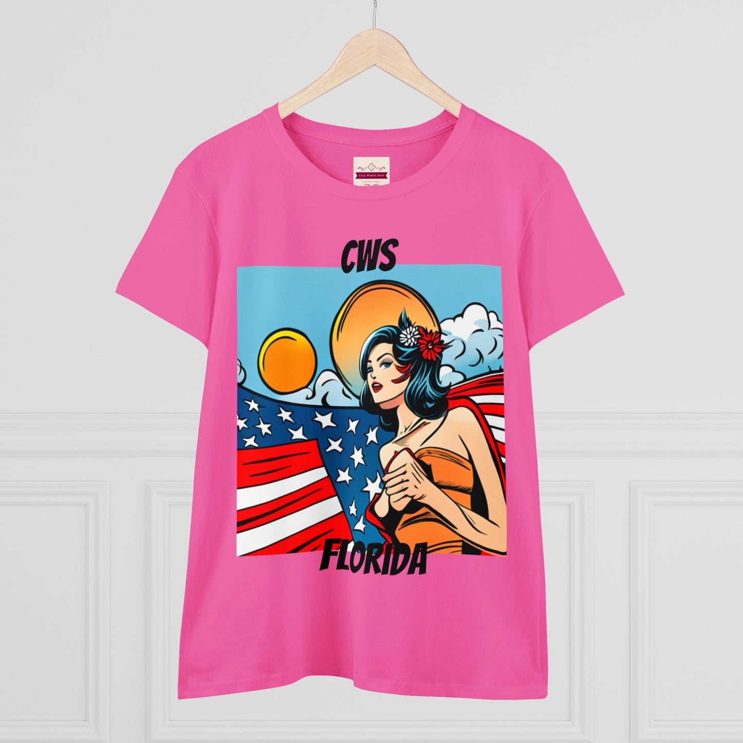 CWS Damen-T-Shirt aus mittelschwerer Baumwolle mit USA-Flagge von Cozy Winter Store (Versand nur innerhalb der USA)