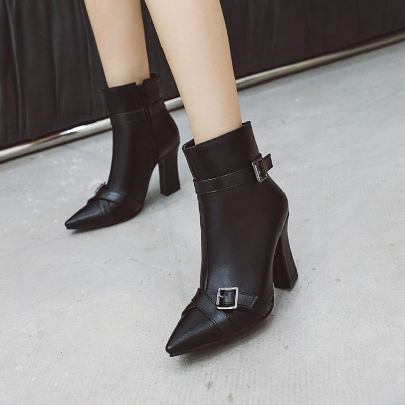 Women's boots pointed toe thick high heel ankle boots