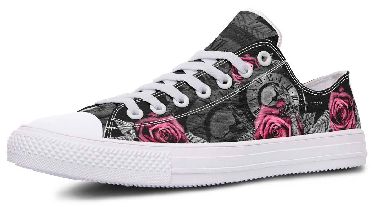 UrbanKicks Black Rose Fashion Print Couple Low-Top Canvas Shoes