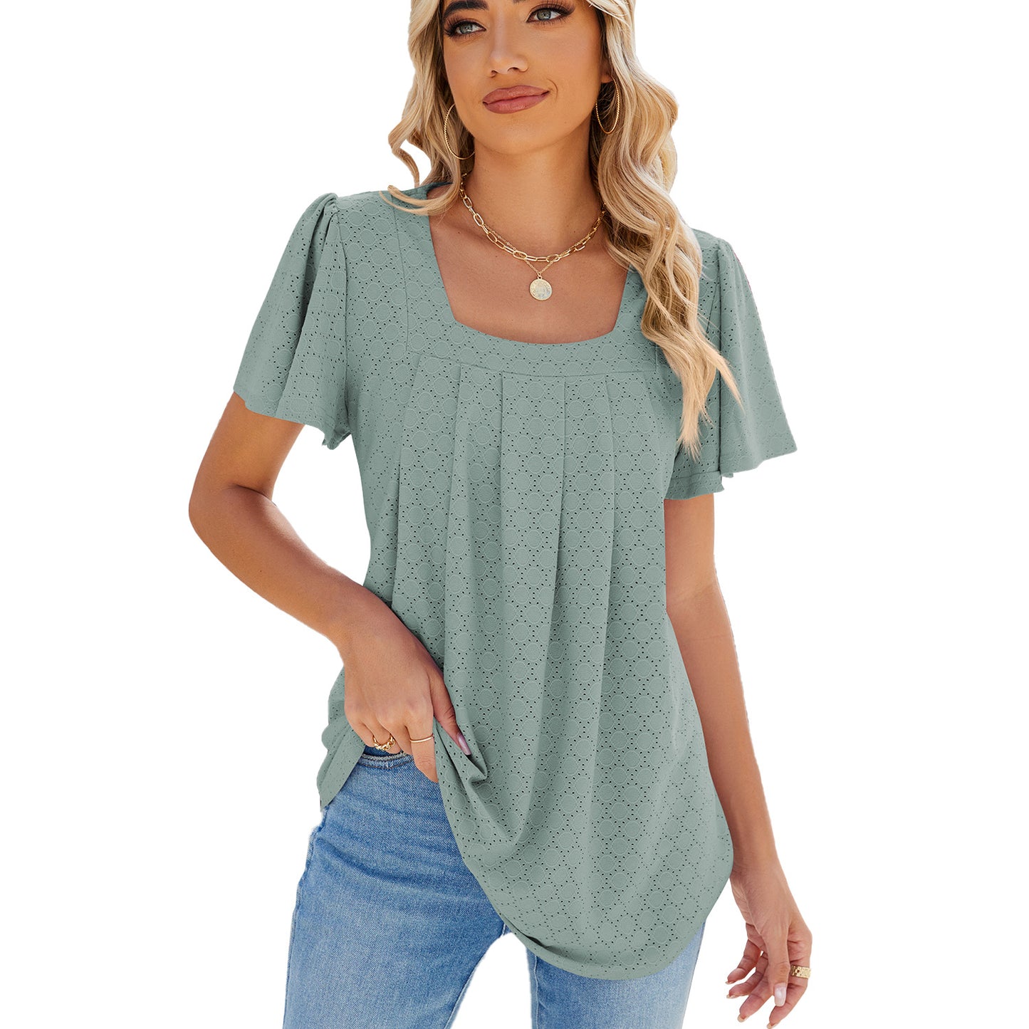 Summer Square Neck Pleated Short-sleeved T-shirt Loose Solid Color Ruffled Hollow Design Top For Womens Clothing