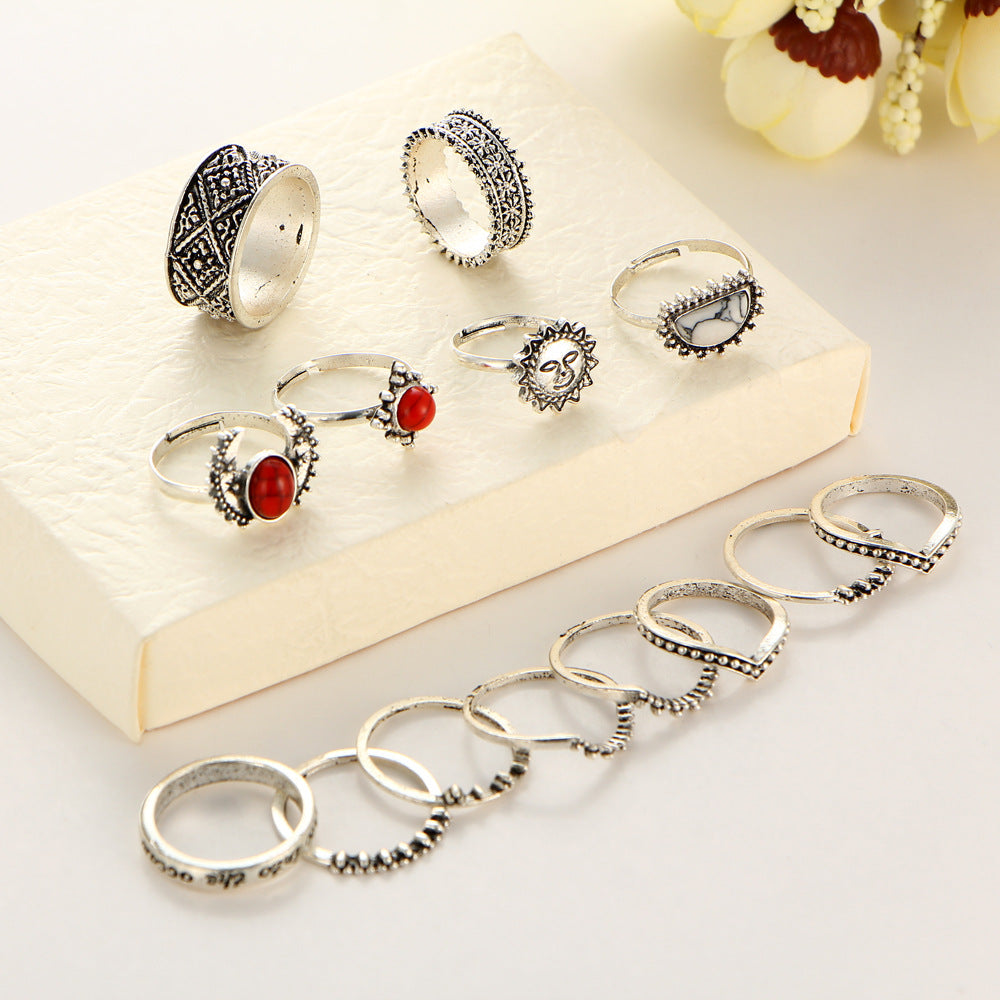 Außenhandel retro silber geschnitzt joint ring rot und weiß türkis 14 stück set set ring weiblichen schmuck großhandel