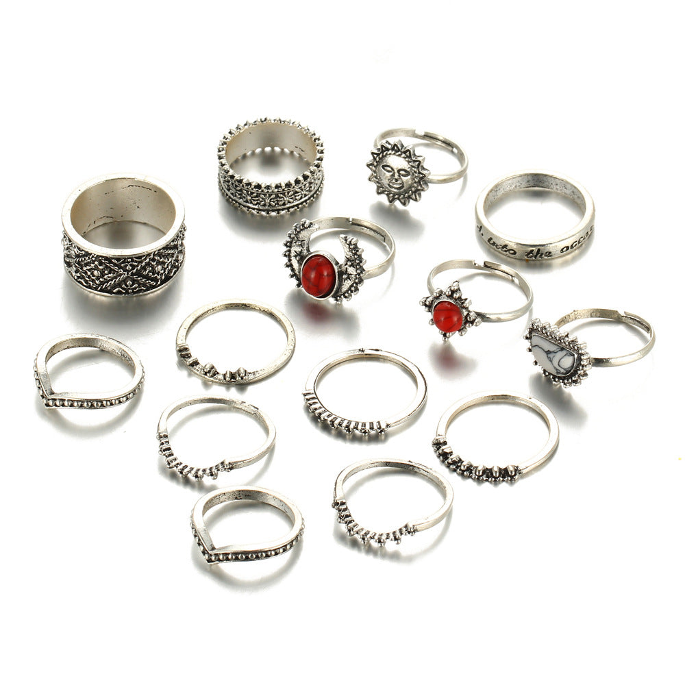 Außenhandel retro silber geschnitzt joint ring rot und weiß türkis 14 stück set set ring weiblichen schmuck großhandel