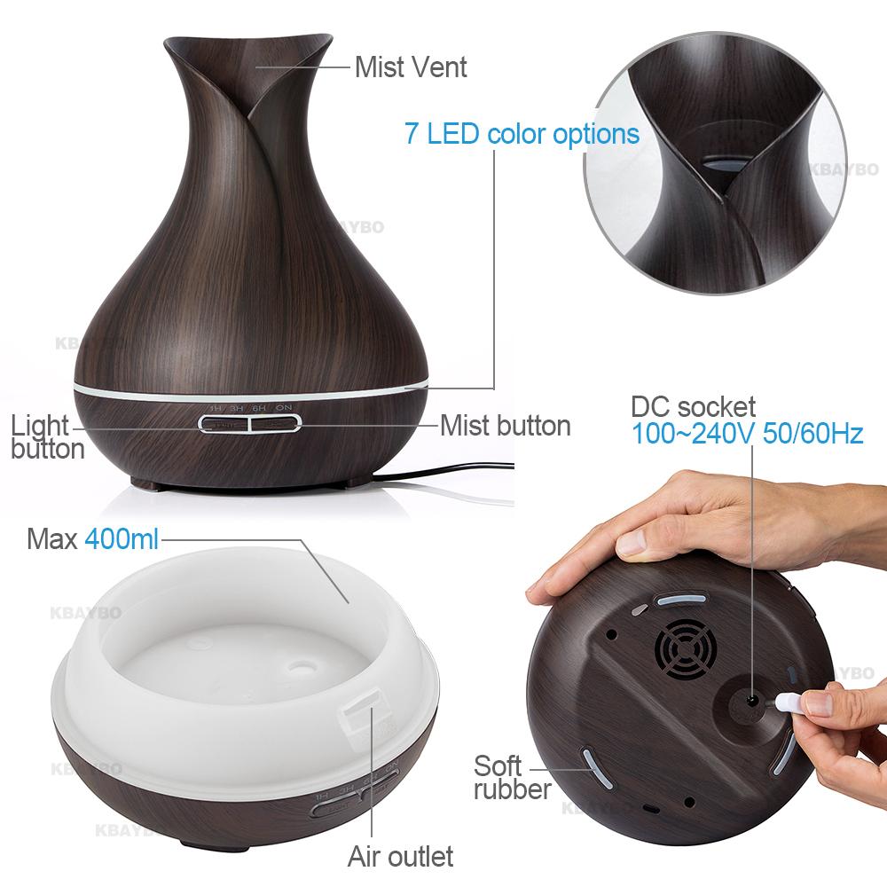 KBAYBO 400ml Aroma Essential Oil Diffuser Ultrasonic Air Humidifier with Wood Grain electric LED Lights aroma diffuser for home