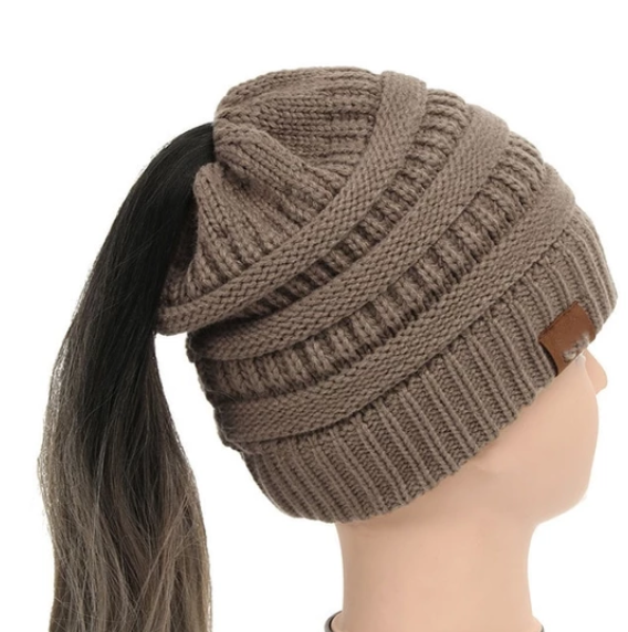 Beanie-Mütze mit hohem Dutt und Pferdeschwanz, dick, weich, dehnbar, Zopfmuster, warm, flauschig, gefüttert, Totenkopf-Mütze, Acryl-Mützen für Herren und Damen