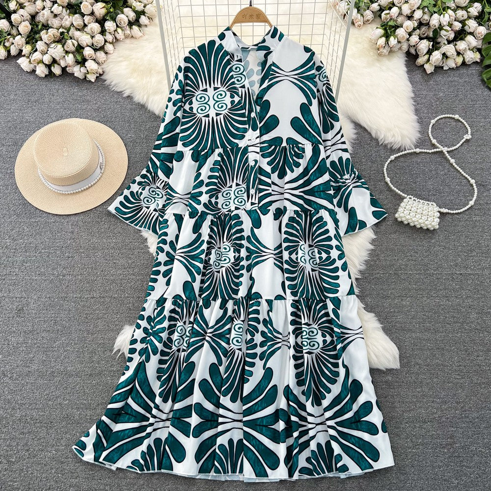 Summer Women's Retro Flared Long Sleeve V-neck Printed Dress