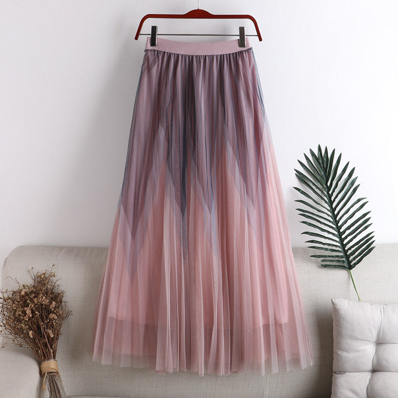 Autumn And Winter Printing Pleated Skirt High Waist Slimming Mesh Color Contrast Patchwork