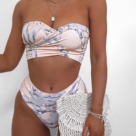 Sexy gathered bandage high waist ladies bikini split swimsuit