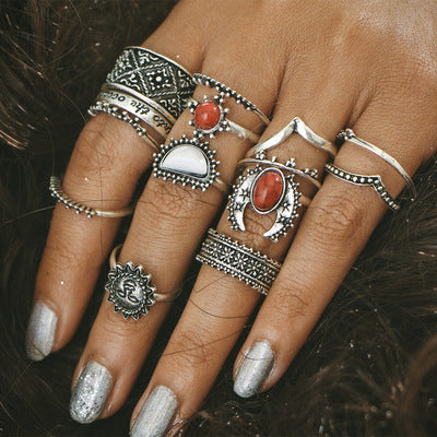 Außenhandel retro silber geschnitzt joint ring rot und weiß türkis 14 stück set set ring weiblichen schmuck großhandel