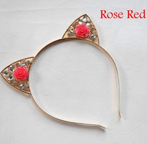 High Quality Cute Alloy Diamond Rose Cat Ears Headband Children Adult Headband