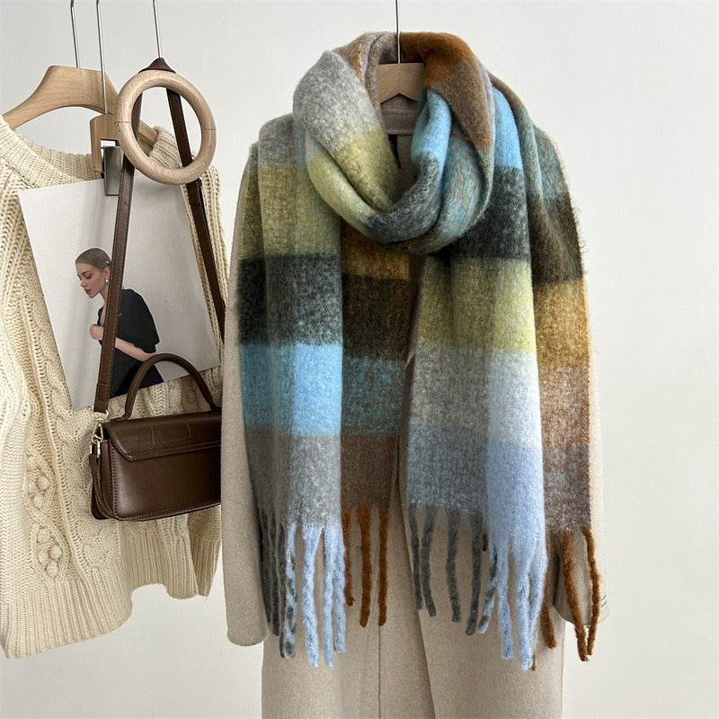 Autumn and winter new style mohair plaid scarf for women Dongdaemun fashion versatile extended tassel shawl scarf