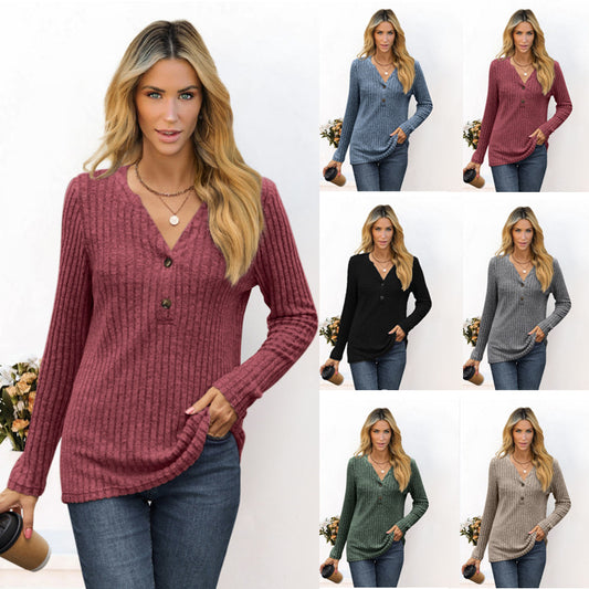 Classic Simplicity: Solid color V-neck long sleeve t-shirt.