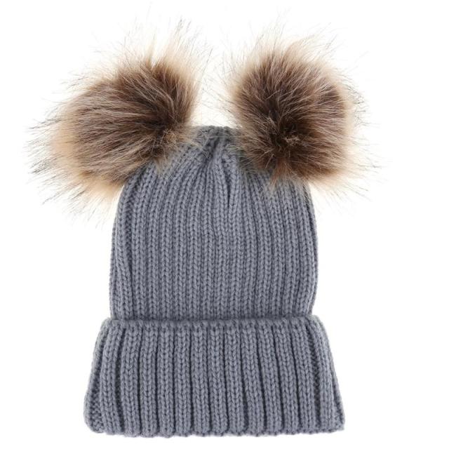 Parent-child Caps Cute Infant Baby Pompon Winter Hat Double Fur Ball Hat Mother Kids Warm Knitted Hat Newborn Beanie Cap