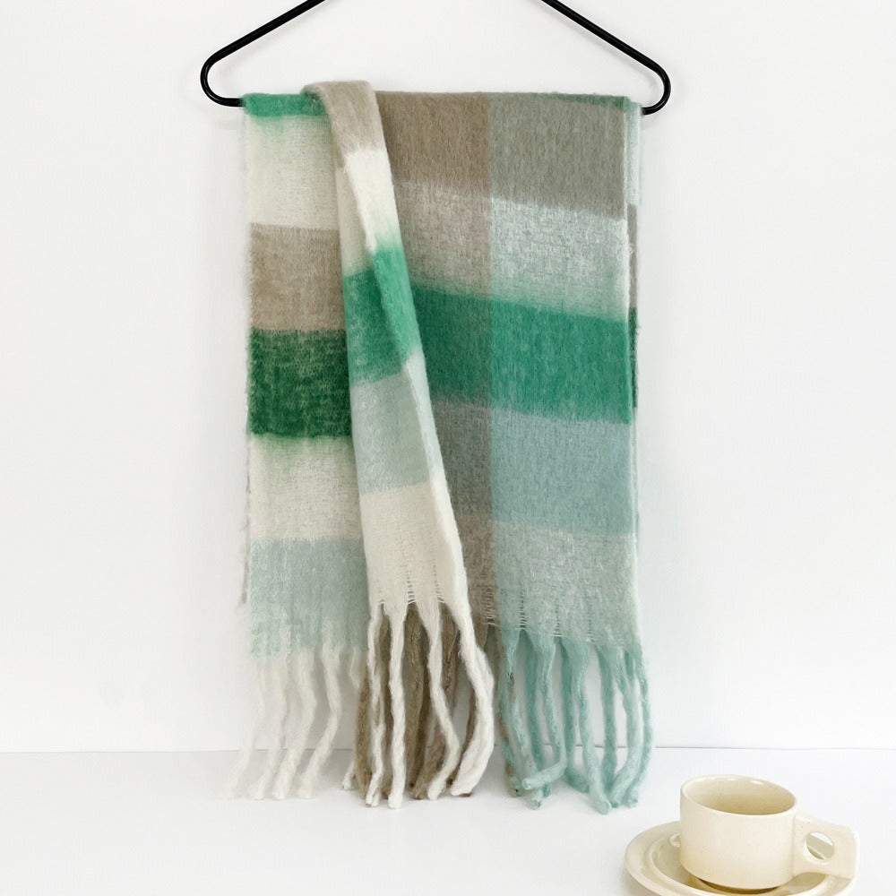 Colorful plaid scarf women's winter warm scarf mohair thickened long scarf